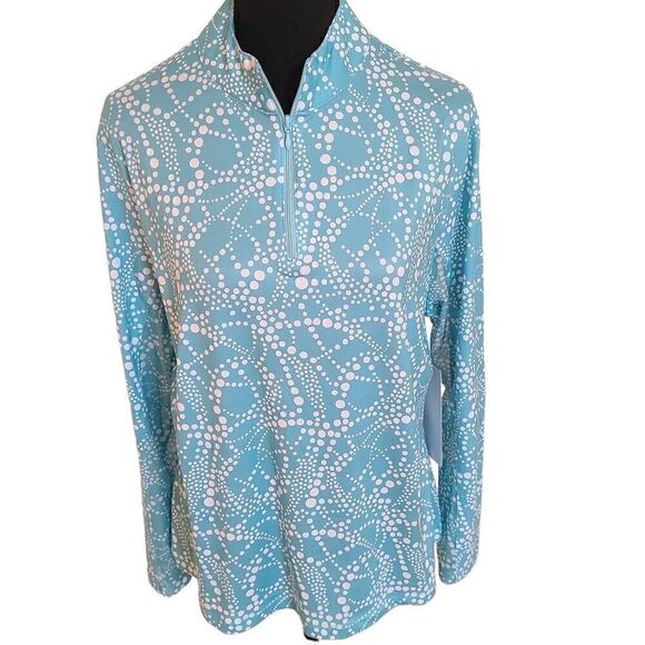 X By GOTTEX Womens Polkadot Pullover Activewear Top Aqua White Size Large NWT - Picture 1 of 13